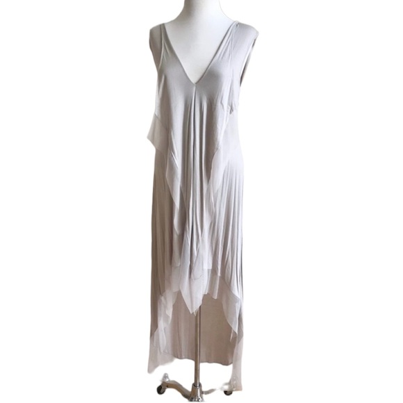NWT BCBGMaxAzria Cydnee High Low V Neck Sleeveless Midi Dress Stone Cream Small - Picture 1 of 16